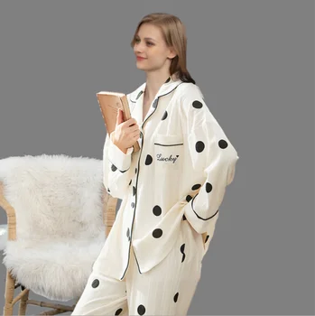 Пролетно-лятна нова дамски пижами в грах с дълги ръкави, ежедневни свободна младежка домашно облекло от памук