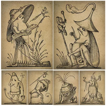 Ретро Забавни илюстрации мистериозни животни, Монтиране на изкуството, платно, живопис, неизвестният, Ретро рисунка молив, художествен плакат