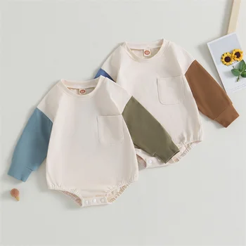 Боди за новородено, есенно-пролетно и ежедневни облекла за малки момчета и момичета, комбинезони в контрастен цвят, с кръгло деколте и дълги ръкави за 0-24 месеца