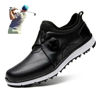 Мъжки обувки за голф Водоустойчива Кожа Спортни обувки за голфъри, Маратонки за голф с бърза шнур, Удобни обувки за голф при ходене