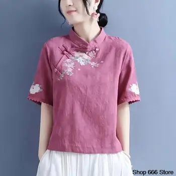 Пролет-лято, Памук, ленени обикновен дамски блузи с висока яка и къс ръкав, Ретро тениска на Дзен в китайски стил, костюм Tang Hanfu