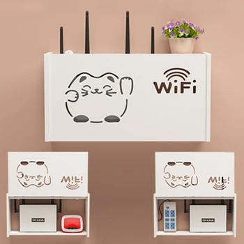 Рафтове за Wi-Fi рутер, кутии за съхранение на Кабел за захранване Плюс Жично скоба, монтиран на стената кутия от дърво и пластмаса, Органайзер за съхранение на 