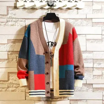 Мъжка жилетка в стил мозайка, мъжки вязаный пуловер, стилен мъжки вязаный пуловер с цветни блокчета, топло палто с V-образно деколте и средна дължина на есен