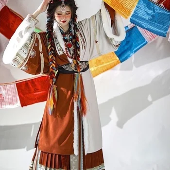 Нови подобрения [Dawa Zhuoma] Han element, тибетски стил, ръкав-самолет, талия, 100-кратна пола Hanfu, есенно-зимни дамски