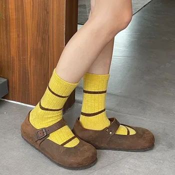 Нови 8% Вълнен Кашмир Дамски Чорапи Harajuku Реколта Топли Чорапи За Екипажа В Японската Ивица Зимни Дебели Топли Дълги Чорапи Дамски Кафе