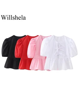 Willshela Дамски модни однотонная укороченная риза с дантела, Реколта риза с кръгло деколте и къси, буйни, с дълъг ръкав, Стилни дамски блуза