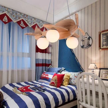 Мультяшная дървена Полилей във формата на самолет за децата, спалня за момчета, led подвесная лампа за детска стая, Висящи лампи за самолети