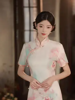 Дамско Елегантно Модно рокля Ципао с яка-ботуш и къс ръкав в китайски стил с флорални принтом в ретро стил Рокля