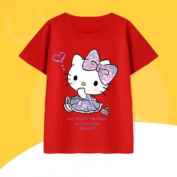 Hello Kitty Нова детска тениска с къс ръкав Детска лятна скъпа долната риза на чужд стил Детски дрехи за момичета Топ Tide