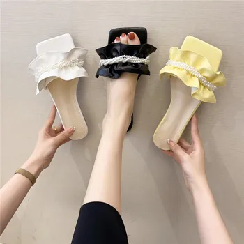 COOTELILI/ 2021, Нови модни дамски чехли и летни обувки на плоска подметка, дамски обувки на ток 1,5 см, украсени с перли, на Черна основа 35-40.