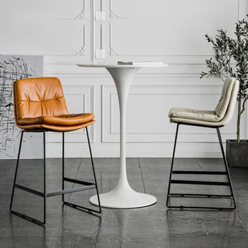 Всекидневна в скандинавски стил, кожен бар стол, семеен Лесен Луксозен Iron Високо столче за кафе, модерен и удобен стол за шезлонг