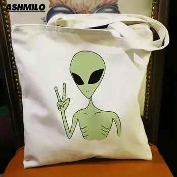 Пазарска чанта с естетически печат, сладко извънземно Аниме-чанта, дамска чанта-тоут, чанти за купувачите в стил харадзюку, холщовая чанта
