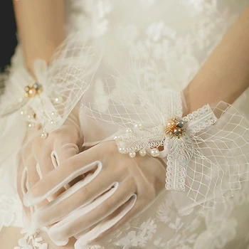 Дамски мрежести мъниста за нокти, дантелени ръкавици по целия пръст, прозрачни сватбени ръкавици дълги до китката, аксесоари за сватбени рокли