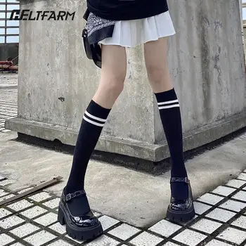 Дамски обикновена шарени памучни чорапогащи за момичета, Ежедневни спортни Корейски модни чорапи, топли чорапогащи, дълги до коляното в Японски стил