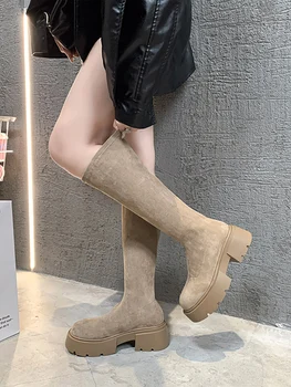 Ботуши, обувки-Дамски зимни обувки с кръгло бомбе, секси високи обувки до бедрата, високи токчета, Високи секси шипове, Есен 2023, Дамски каучук