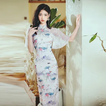 Лято 2023, Мрежест Лотос с къс ръкав, Ежедневно подобрена мода на Чонсам За млади момичета, Вечерна рокля Ципао в китайски стил за жени