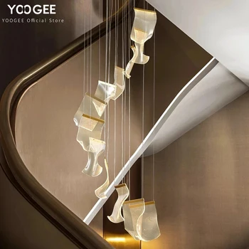 Акрилна златен полилей на тавана луксозна вита стълба led окачен лампа креативен дизайн декор окачен лампа за дневна