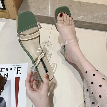 35-43; Дамски обувки Голям размер На масивна ток; Прозрачни Сандали-чехли с кристали На ток; Модерни Ежедневни обувки на среден ток В приказен стил