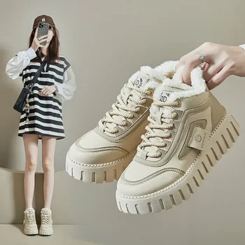 2024 новата версия на дамски обувки Зимни модни плюшен устойчива на плъзгане обувки на плоска подметка с висока талия Ins Тенденция спортен Дамски ежедневни обувки