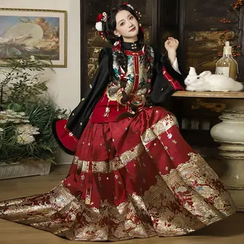 Жените Ханфу сложна бродерия Коледна рокля с дракон Коледна рокля-пола с китайски кон червено традиционната рокля Ханфу