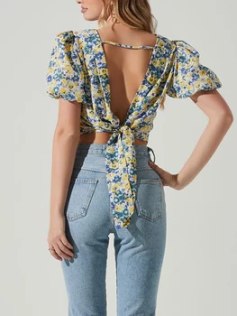 Дамски летни модни съкратен блузи с къси, буйни, с дълъг ръкав, тениска с кръгло деколте и завязками на гърба с цветен модел