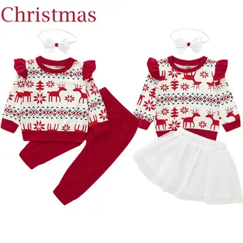 Сладък Коледен Елен За деца, блузи с дълъг ръкав за малки момичета, панталони, поли, есенно-зимни топли екипировки, комплект дрехи червен цвят