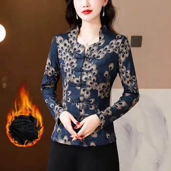 Дамски къси върховете голям размер Рокля 2024 г. с принтом от смес от памук и висока яка В китайски стил, утепляющие стегнати ризи Qipao, женски