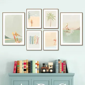 Абстрактни минималистичные плакати Сърфист-водолаз, на плажа, в Палма, на Крайбрежната стена, картини върху платно, картини за вашия интериор дневна