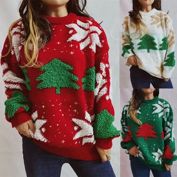 Жена Коледен пуловер с кръгло деколте и коледните принтом, Свободен пуловер с дълъг ръкав, потници, дамски ежедневни фестивални Топли възли върховете