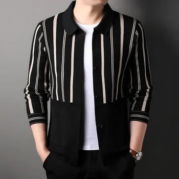 Жилетка-пуловер, Мъжки demisezonnyj в черно-бяла лента С ревери, Коварен Свободно жаккардовое палто в бизнес стил