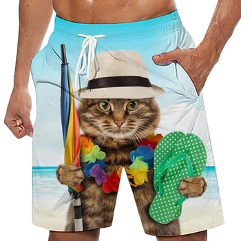 Мъжки плажни шорти, къси панталони за плуване, бързо съхнещи къси панталони с еластичен колан и принтом котка, ежедневни празнични къси панталони