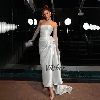 Viisher Сиви сатенени вечерни рокли на русалка, без презрамки, дебнещ дълга вечерна рокля за абитуриентски бал с пола Dubai Celebrate Party Dress