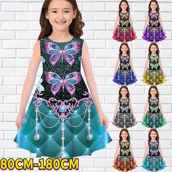 Детска рокля без ръкави за малки момиченца, дрехи за момичета с 3D принтом пеперуди, ежедневното хубава рокля над коляното, без ръкави 80-180 см