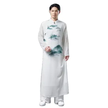 Градинска облекло Костюм Тан хлопчатобумажный ленена роба Мъжете Дълга рокля с висока яка Мъжка бяла облекло в китайски стил Hanfu ретро костюм