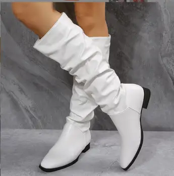 Модерни обувки, Дамски ботуши до коляното, Зимни ботуши до коляното На високо сексуално ток, Зимни Бели обувки Голям размер
