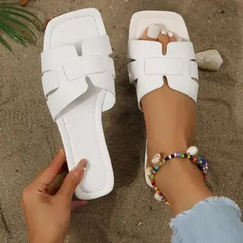 Дамски летни чехли, дамски минималистичные сандали на равна подметка с квадратни пръсти, отворени сандали-пързалки, дамски обувки