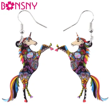 Bonsny Модни Големи дълги акрилни обеци-карамфил с животни, висящи обеци в формата на еднорог кон и, новости 2017 г., модни бижута за момичетата и жените