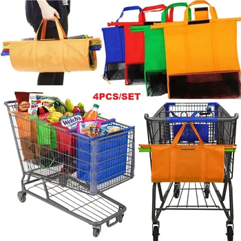 Количка-количка, чанта за пазаруване в супермаркета, чанти за пазаруване, сгъваема чанта-тоут, еко торби за многократна употреба за супермаркети, 4 бр./компл.