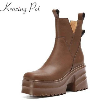 Модерни обувки Krazing Pot от телешка кожа с квадратни пръсти на много висок ток, топли зимни ботильоны рок-певицата с цип за нощен клуб