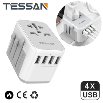 Универсален автомобилен адаптер TESSAN с 4 USB порта за ЕС, AU, САЩ, Великобритания, повече от 150 страни за смартфони, таблети, фотоапарати