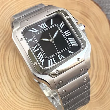Мъжки бизнес часовници в ретро стил с квадратна 38 мм корпус от минерално стъкло, Япония, NH35A, механични, син, черен циферблат, стъклена делото, автоматичен