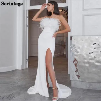 Sevintage Секси абитуриентски рокли Русалка цвят слонова кост, с пера на спагети презрамки, дамски официални рокли с висока цепка отстрани, вечерна рокля за клуба 2023