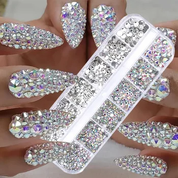Нийл-арт кристал 12гридов Кутия за нокти Мъниста Crystal AB Flatback Перлени Бижута Скъпоценни камъни с Организатора за съхранение на бижута за нокти