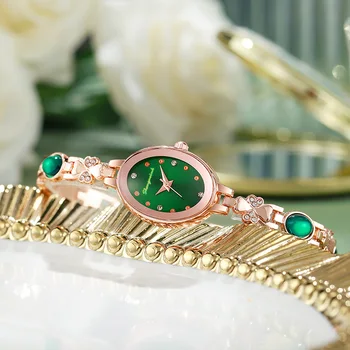 Нови модни Дамски овални часовници, дамски кварцов ръчен часовник от неръждаема стомана, дамски часовник-гривна със зелен кристал, Relogio Feminino