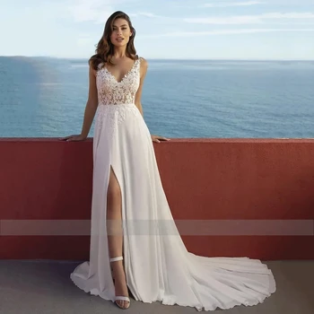 Елегантни сватбени рокли Прости сватбени рокли с кружевными апликации Секси халати за официална среща без ръкави с отворен гръб Vestidos De Новия