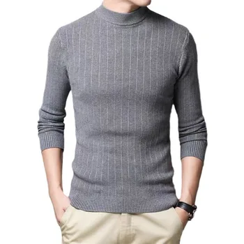 Универсален мъжки пуловер в корея ивица с високо воротом и дълги ръкави, Приталенная трикотажная долна риза със среден размер, модерен мъжки топ B98