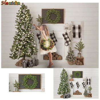 Коледен фон, Декоративно дърво, Дървени чорапи на стената, Фон за снимки, Подарък витрина, Бяла реколта хартия за фото студио