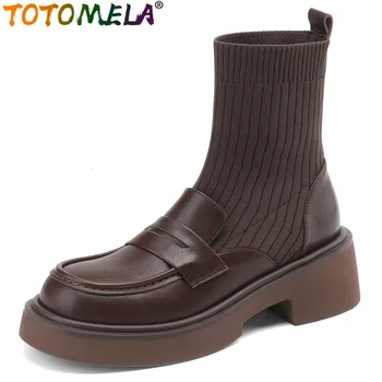 TOTOMELA 2023 / Нови обувки от естествена кожа без закопчалка на чорап, ботильоны на средно квадратен ток, жените пролетно-есенни обувки в стил ретро платформа