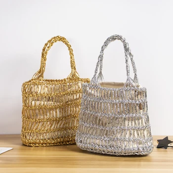 Дамски модни Златни Сребърни възли кухи чанти, стилна плетени чанти-тоут на съвсем малък, Празнична и Лятна плажна преносима сламена чанта