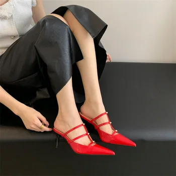 Обувки дамски чехли открит пързалки дребни ниска яка чорап Pantofle 2023 покриване на копита токчета плат основна Рим изкуствена гума плитки